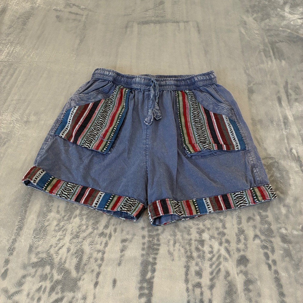 Unbranded Woven Trim Shorts Womens L/XL Blue Boho Cotton Nepal